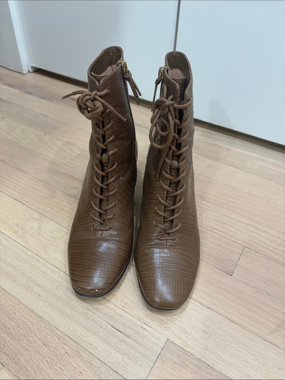 JCREW Women's Brown Croc-Embossed Lace-Up Ankle Boots